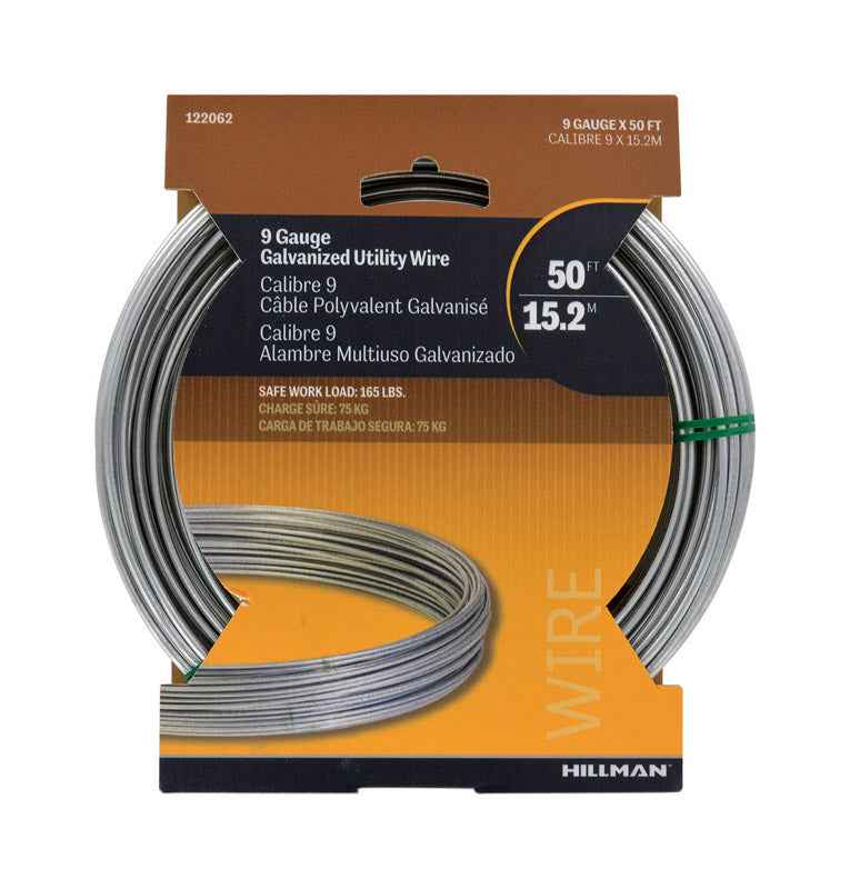 K and S 50 ft coil of 9 gauge galvanized steel wire on orange utility wire packaging for fencing and repairs