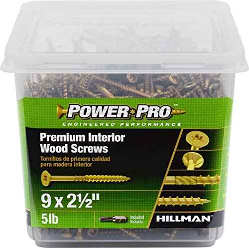 5 lb tub of Hillman Power Pro wood screws 9 x two and a half inch premium interior gold coated screws