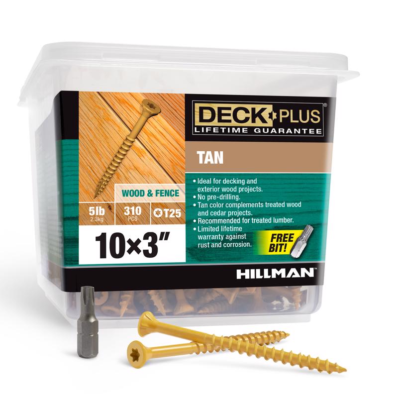K and S tan exterior deck screws in clear plastic tub with driver bit and sample screws for decking