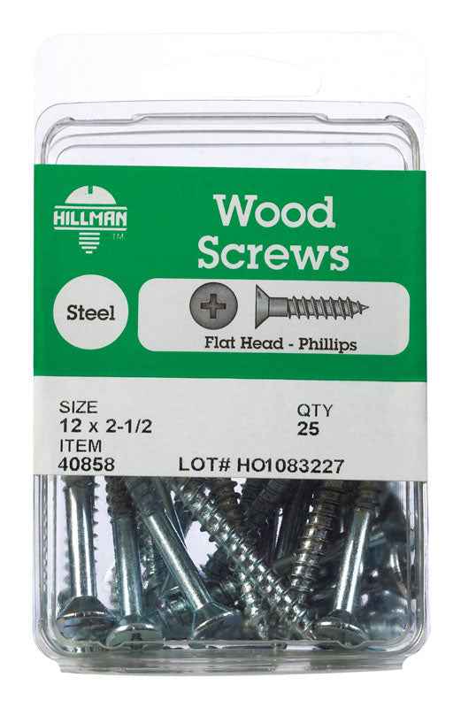 Hillman No. 12 x 2-1/2 in. L Phillips Zinc-Plated Wood Screws 25 pk (Pack of 5)