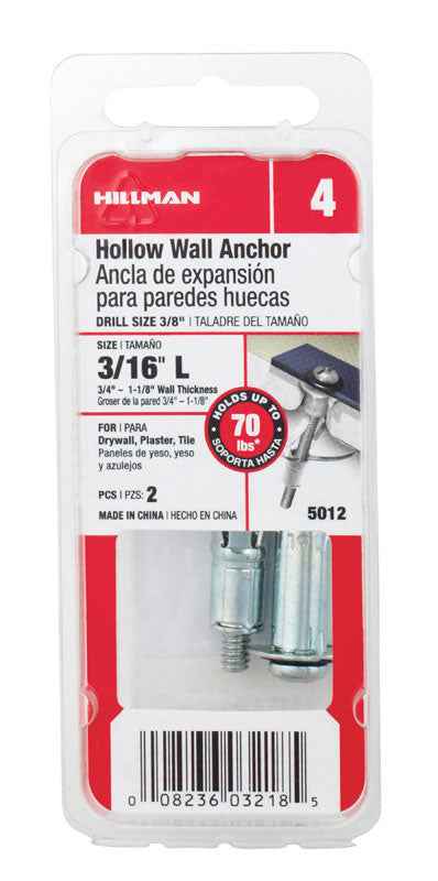 Hillman 3/16 in. Dia. x 2 3/4 in. L Metal Round Head Hollow Wall Anchors 2 pk (Pack of 6)