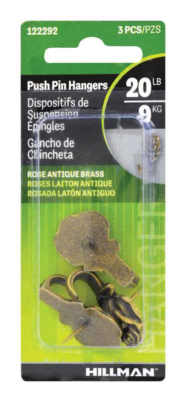 Hillman AnchorWire Antique Brass Push Pin Picture Hook 20 lb. 3 pk (Pack of 10)