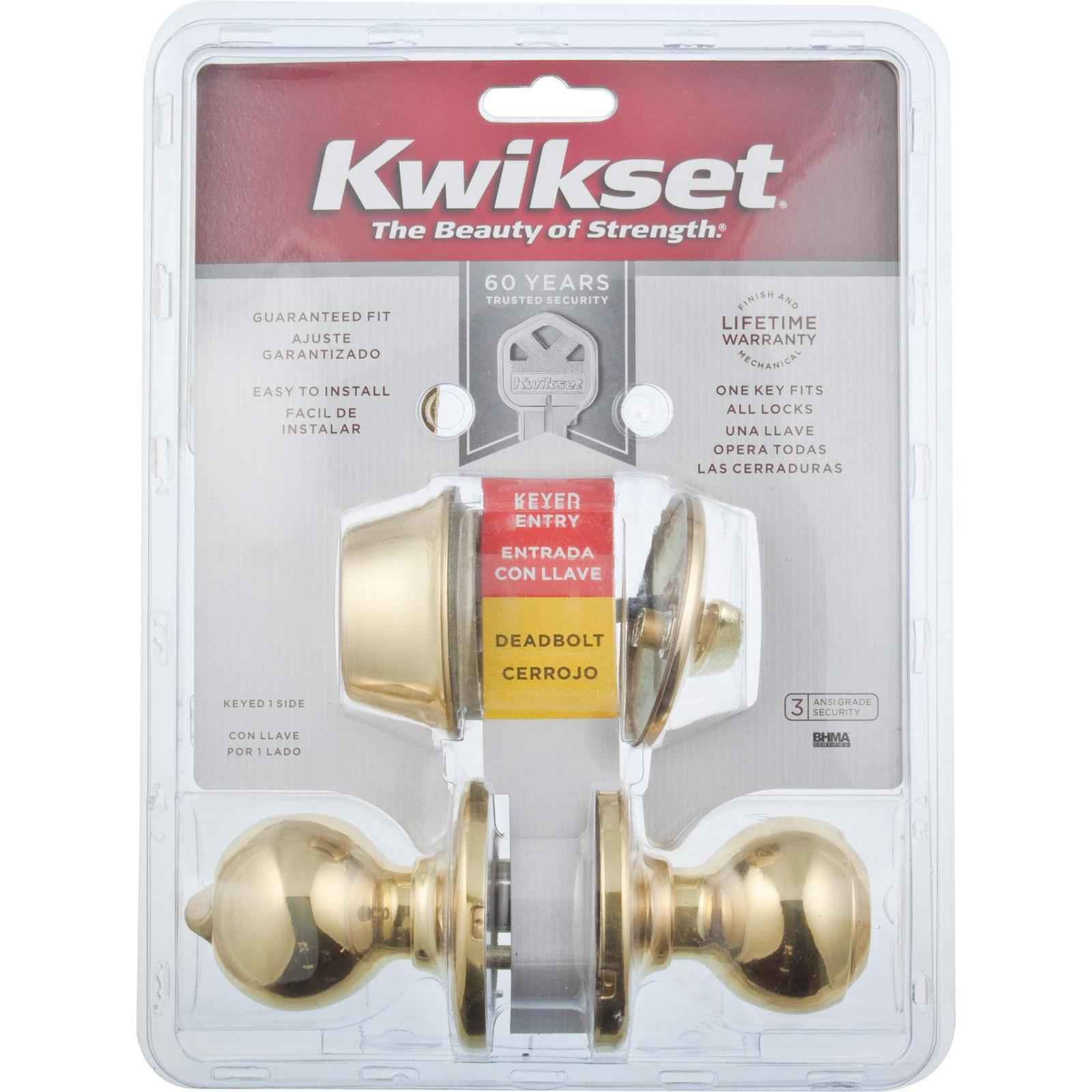 Kwikset Polo Polished Brass Deadbolt and Entry Door Knob 1-3/4 in.
