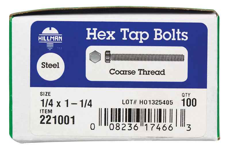 HILLMAN 1/4 in. D X 1-1/4 in. L Zinc Plated Steel Hex Tap Bolt 100 pk