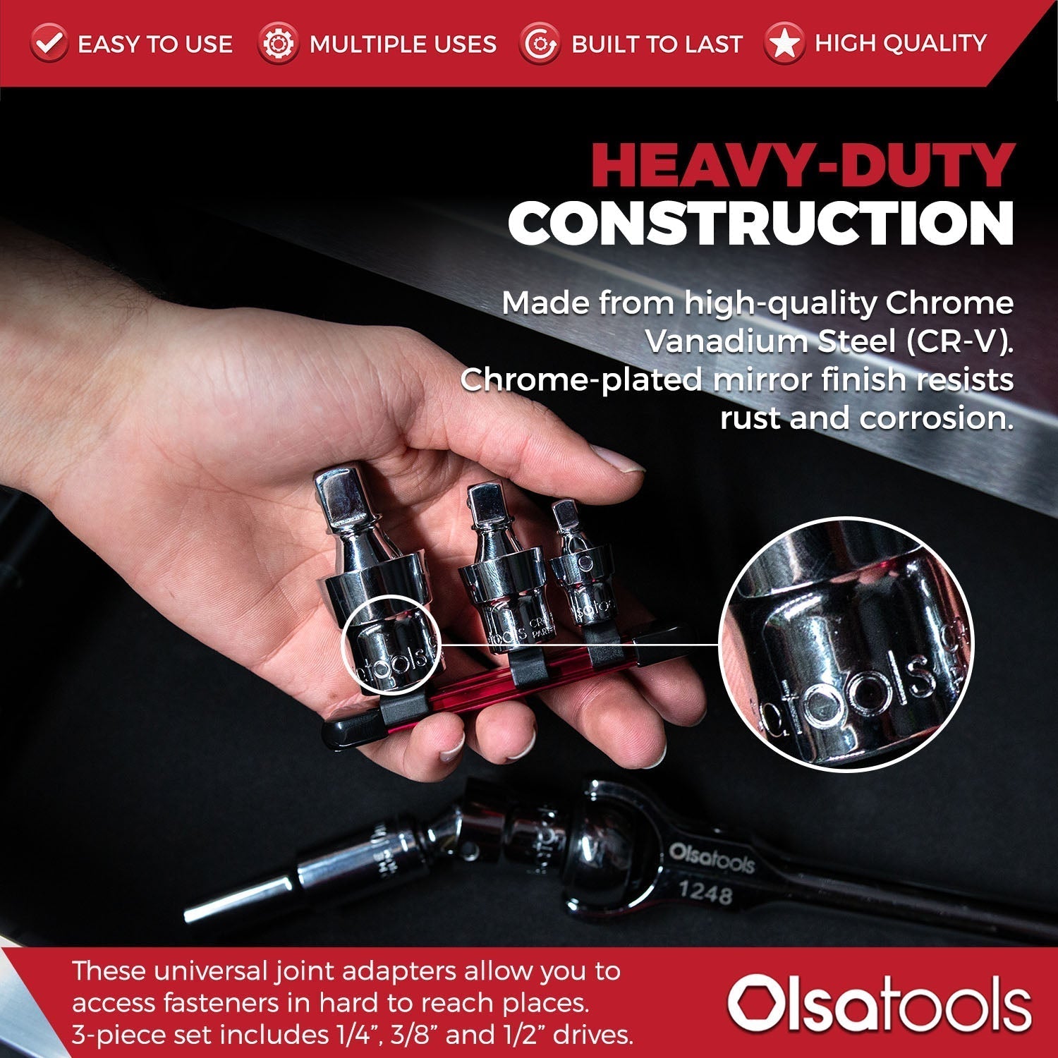 3pc Universal Joint Set, Socket Adapter 1/2", 3/8", and 1/4" drive