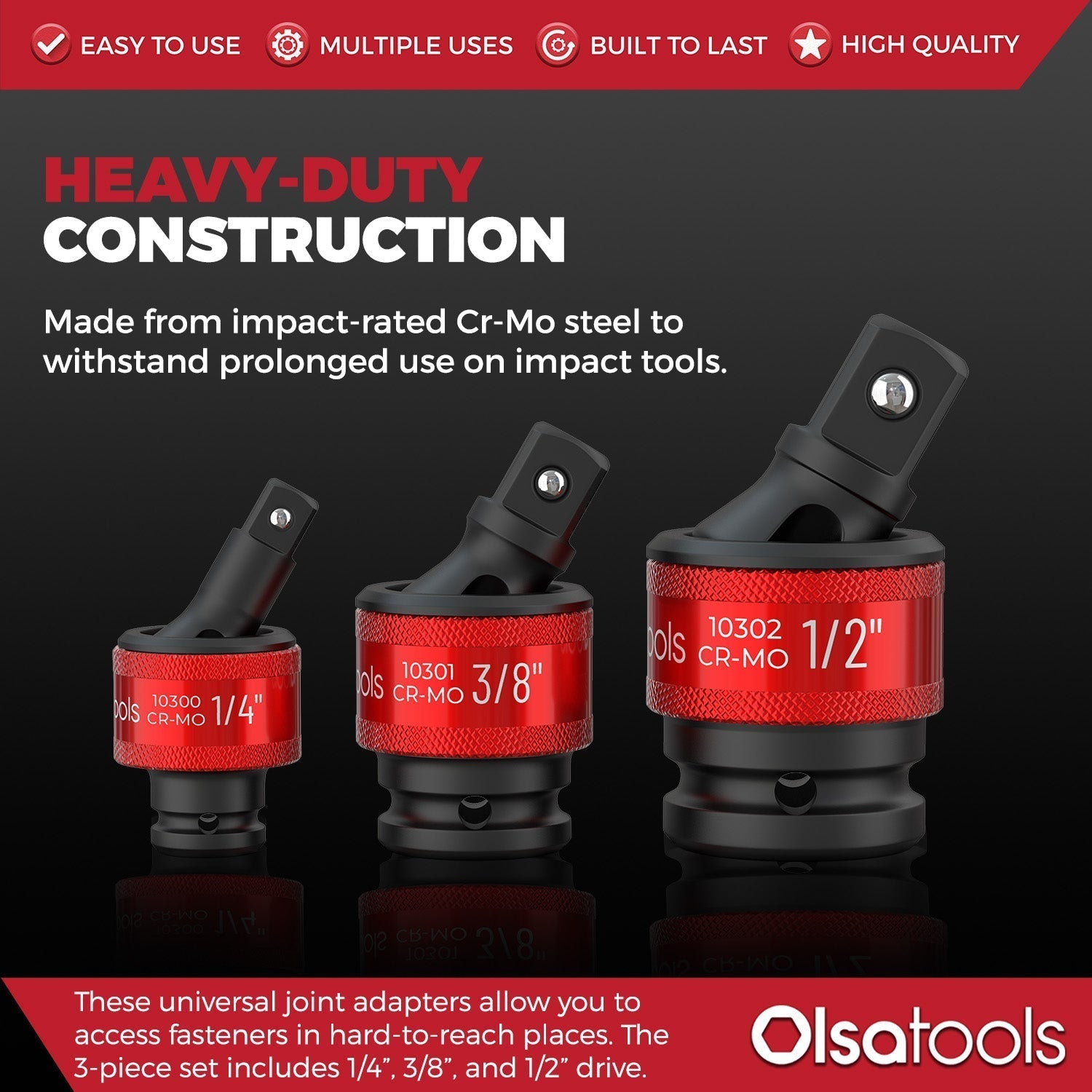 3pc Universal Joint Set, Socket Adapter 1/2", 3/8", and 1/4" drive