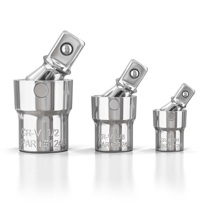 3pc Universal Joint Set, Socket Adapter 1/2", 3/8", and 1/4" drive