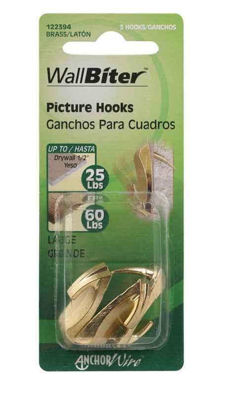Hillman WallBiter Brass-Plated Silver Large Picture Hook 60 lb. 3 pk (Pack of 10)