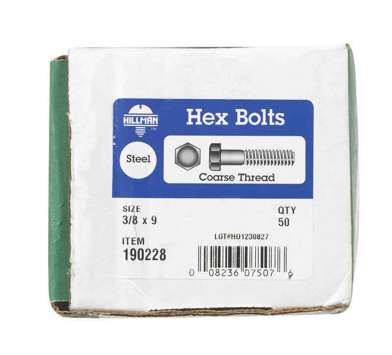 HILLMAN 3/8 in. D X 9 in. L Zinc Plated Steel Hex Bolt 50 pk