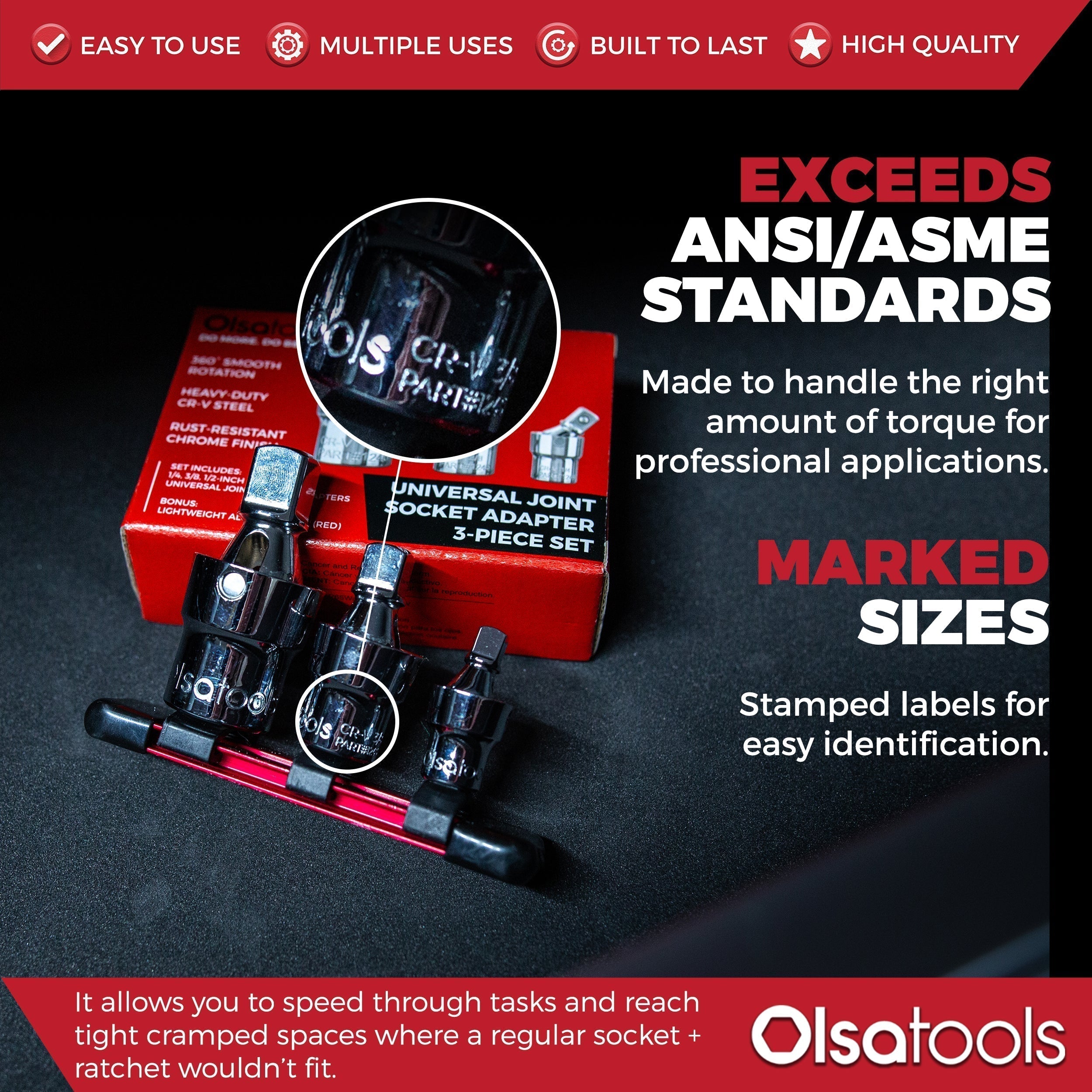 3pc Universal Joint Set, Socket Adapter 1/2", 3/8", and 1/4" drive