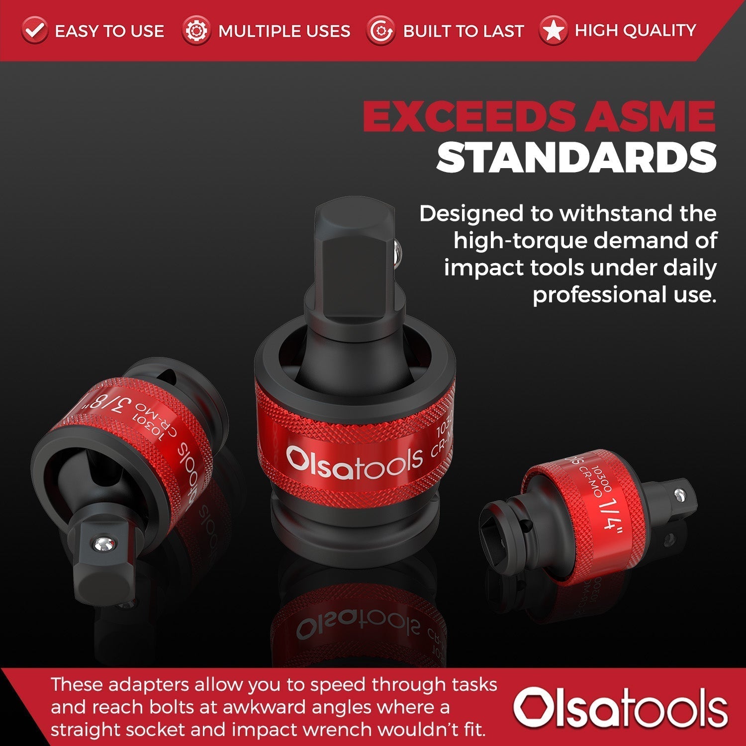 3pc Universal Joint Set, Socket Adapter 1/2", 3/8", and 1/4" drive