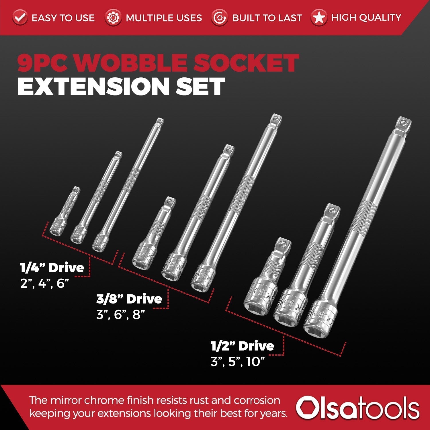 3pc Universal Joint Set, Socket Adapter 1/2", 3/8", and 1/4" drive