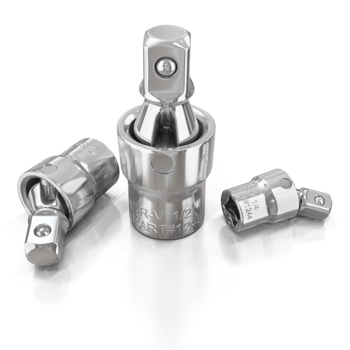 3pc Universal Joint Set, Socket Adapter 1/2", 3/8", and 1/4" drive