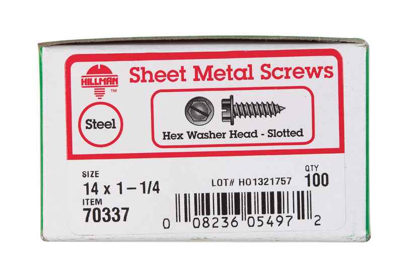 HILLMAN No. 14 Ga. X 1-1/4 in. L Slotted Hex Washer Head Sheet Metal Screws 100 pk