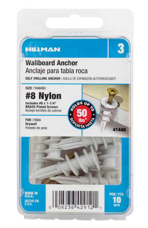 Hillman .164 in. Dia. x 1-1/4 in. L Nylon Flat Head Wallboard Anchors 10 pk (Pack of 5)