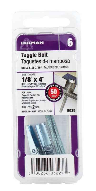 Hillman 1/8 in. Dia. x 4 in. L Round Steel Toggle Bolt 2 pk (Pack of 6)