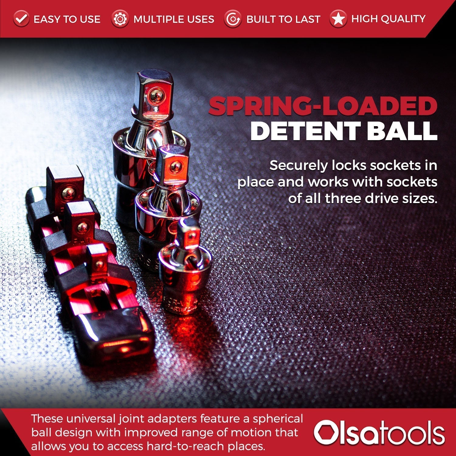 3pc Universal Joint Set, Socket Adapter 1/2", 3/8", and 1/4" drive