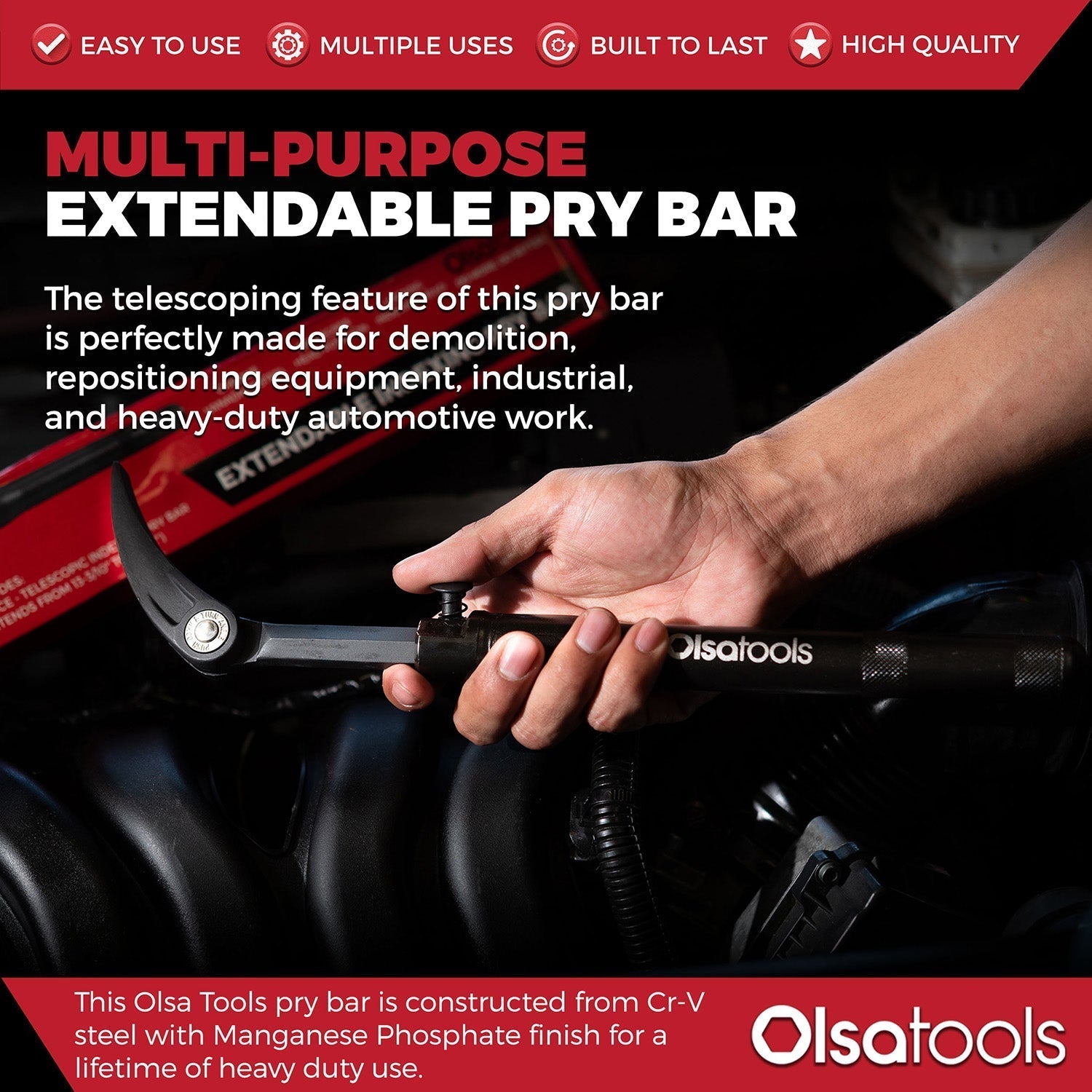 Extendable Indexing Pry Bar | Adjustable Length From 13.3-18.5 Inches