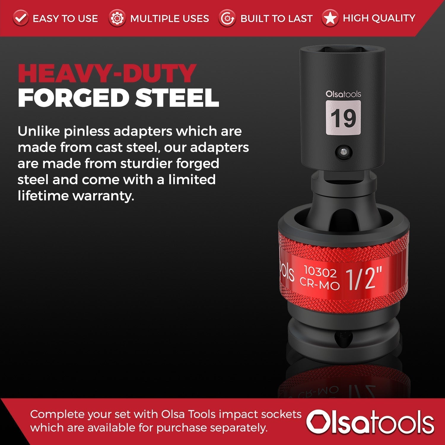 3pc Universal Joint Set, Socket Adapter 1/2", 3/8", and 1/4" drive