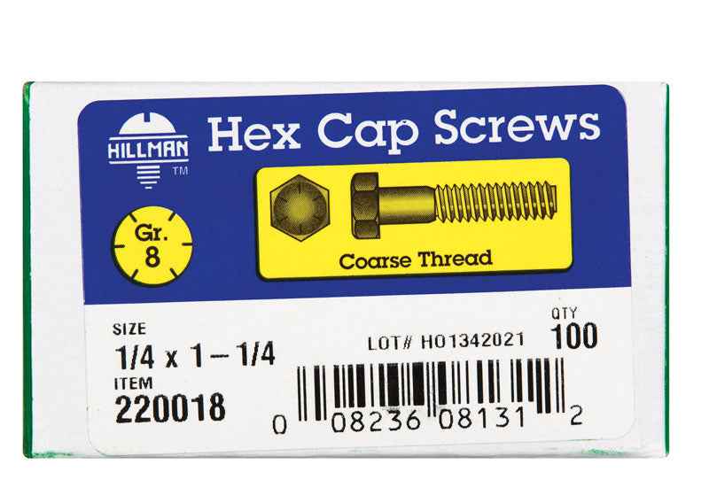 HILLMAN 1/4 in. D X 1-1/4 in. L Heat Treated Steel Hex Head Cap Screw 100 pk