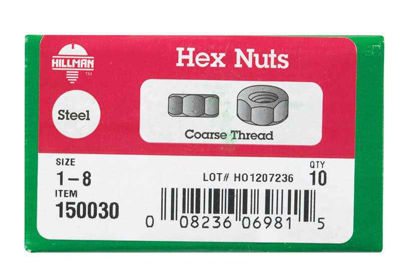 Hillman 1 in. Zinc-Plated Steel USS Hex Nut 10 pk