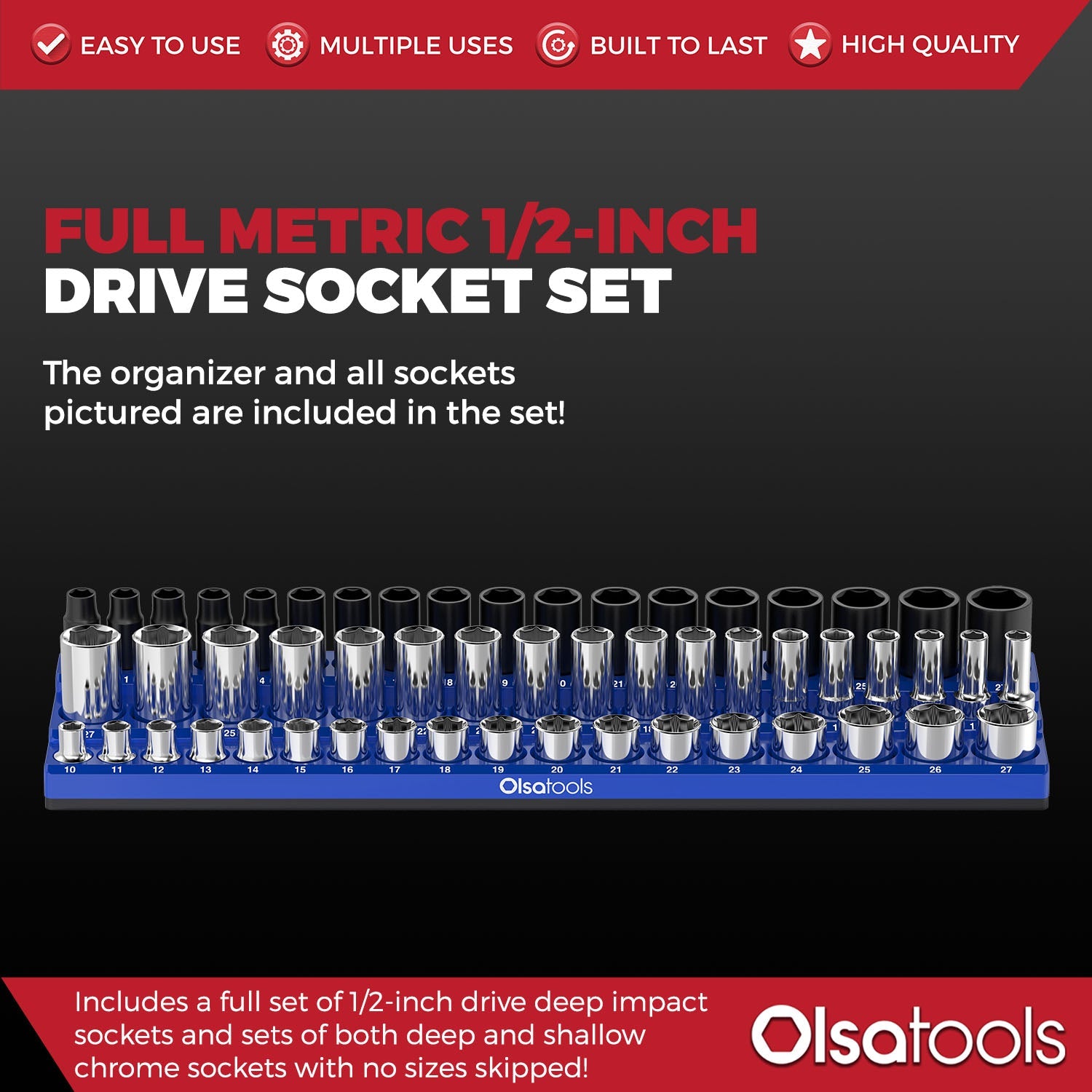 3-Row Magnetic Socket Holder + Chrome and Impact Sockets