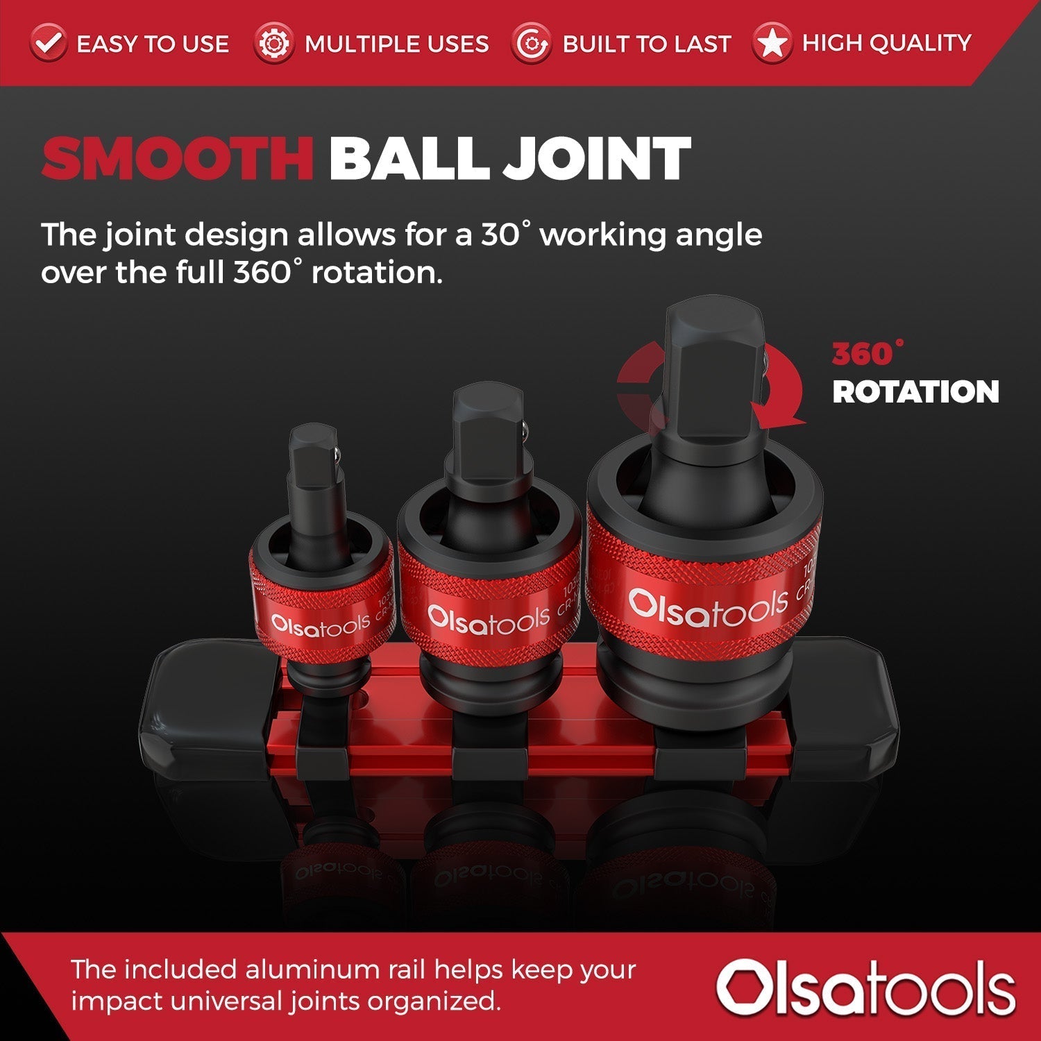 3pc Universal Joint Set, Socket Adapter 1/2", 3/8", and 1/4" drive