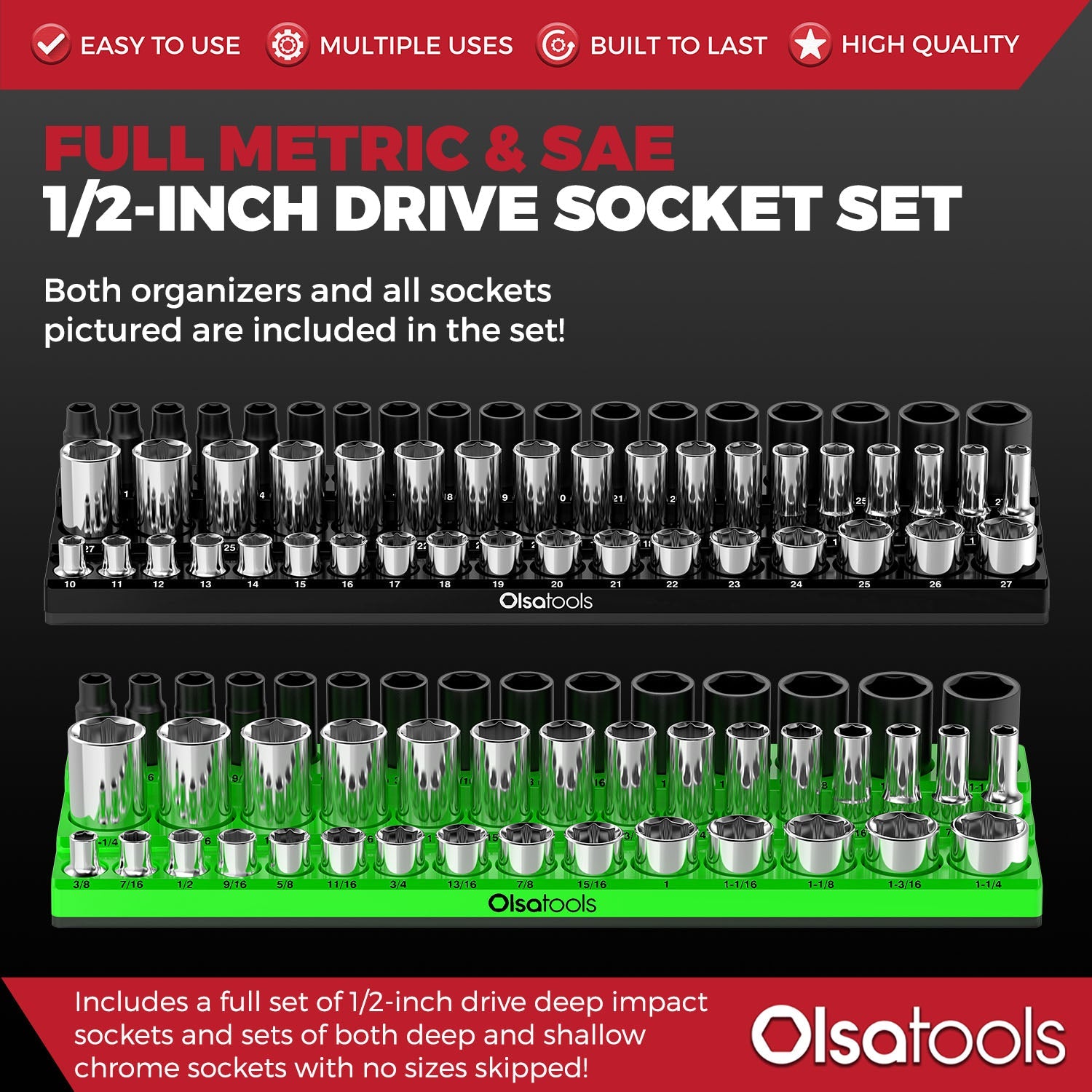 3-Row Magnetic Socket Holder + Chrome and Impact Sockets