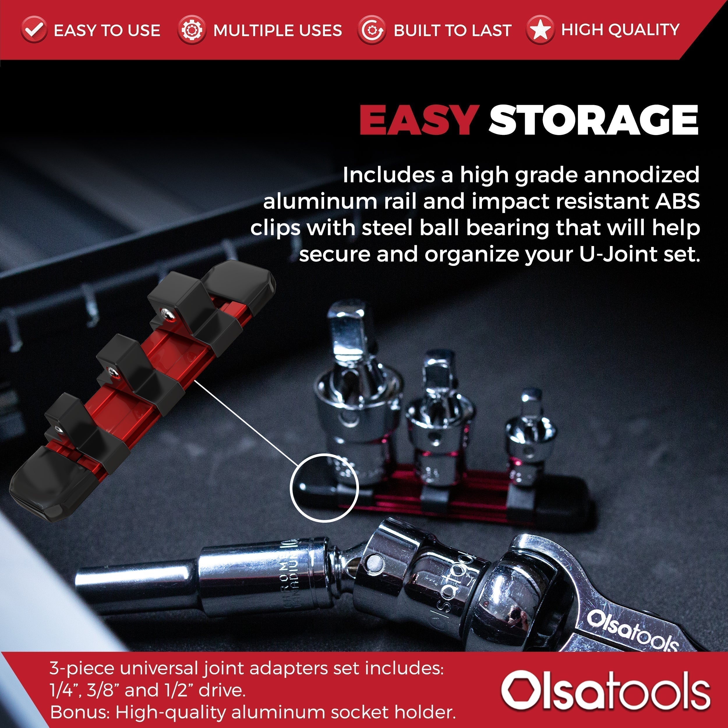 3pc Universal Joint Set, Socket Adapter 1/2", 3/8", and 1/4" drive