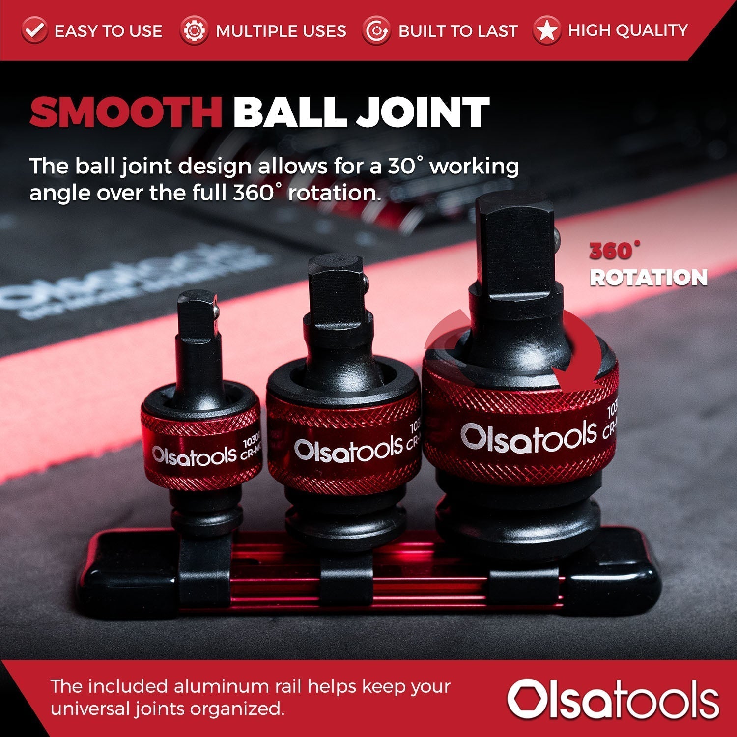 3pc Universal Joint Set, Socket Adapter 1/2", 3/8", and 1/4" drive