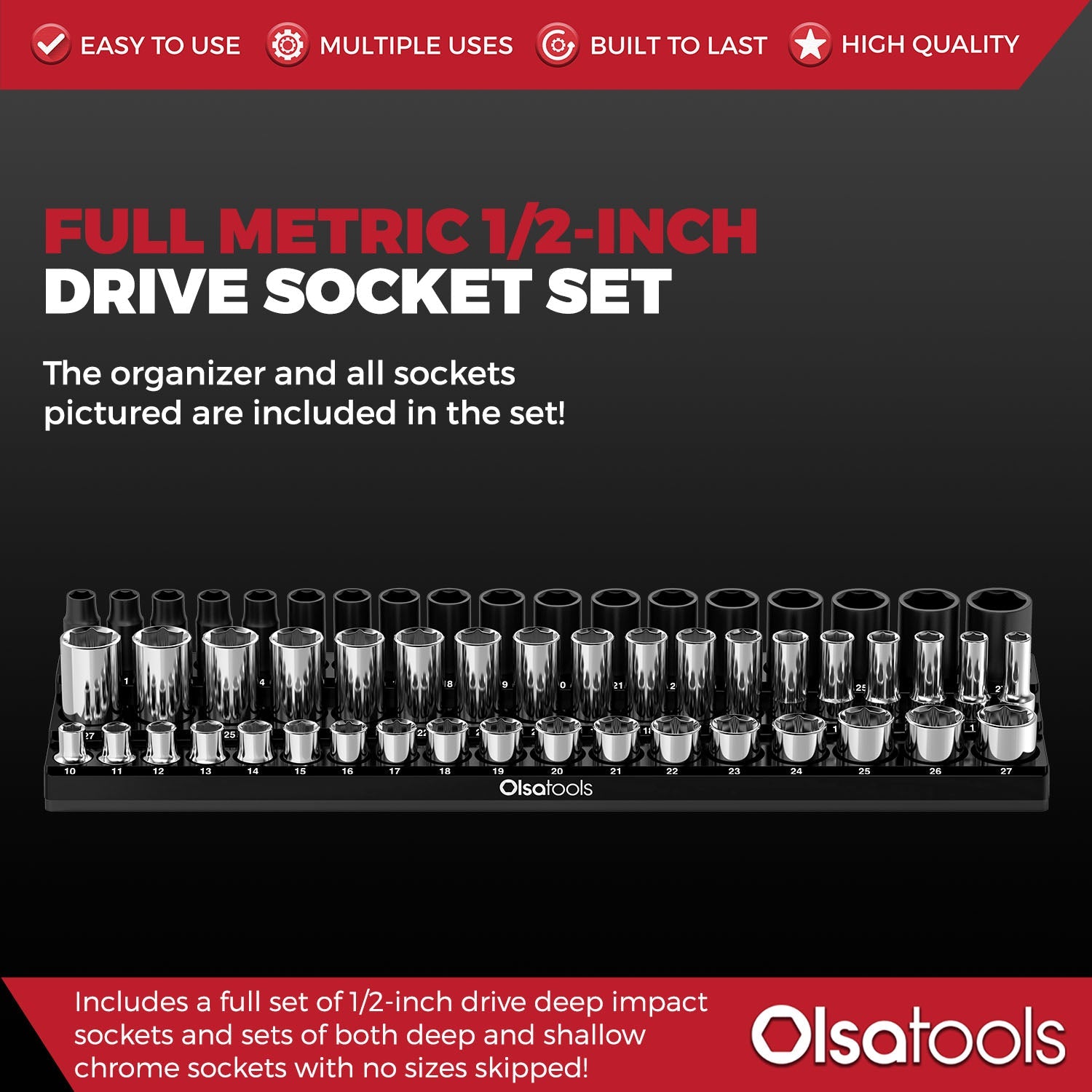 3-Row Magnetic Socket Holder + Chrome and Impact Sockets