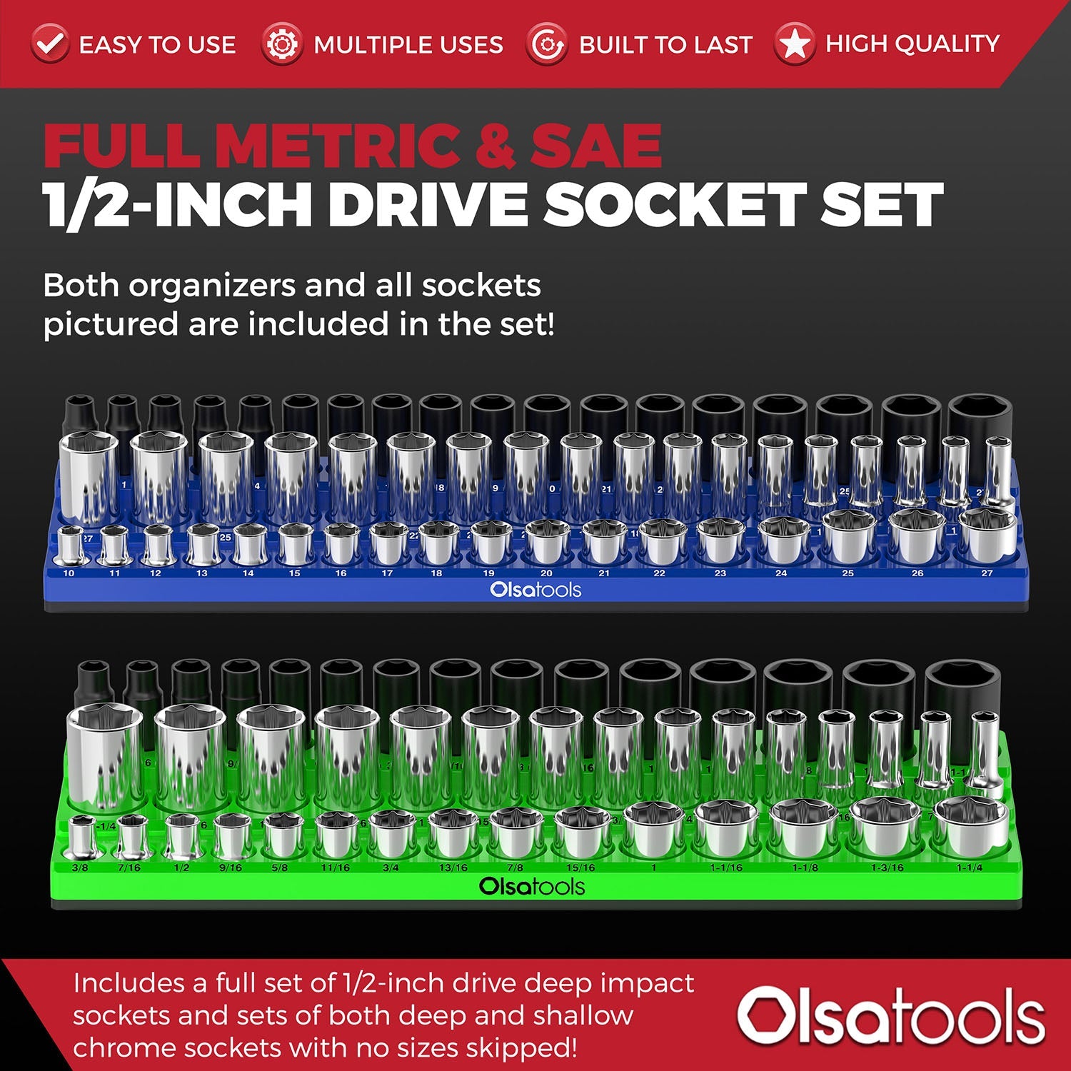 3-Row Magnetic Socket Holder + Chrome and Impact Sockets