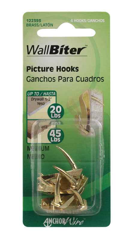Hillman WallBiter Brass-Plated Silver Small Picture Hook 45 lb. 4 pk (Pack of 10)