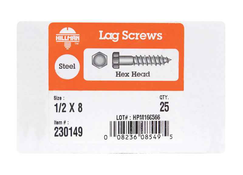 Hillman 1/2 in. X 8 in. L Hex Zinc-Plated Steel Lag Screw 25 pk