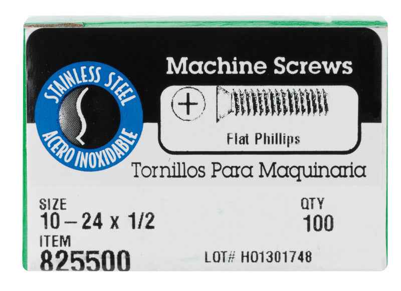 HILLMAN No. 10-24 Ga. X 1/2 in. L Phillips Flat Head Stainless Steel Machine Screws 100 pk