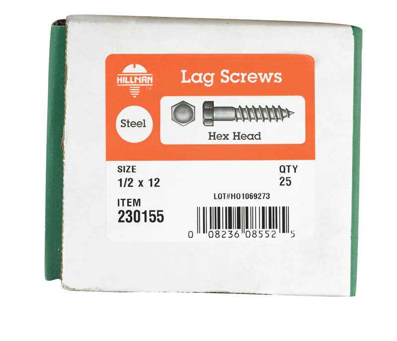 HILLMAN 1/2 in. X 12 in. L Hex Zinc-Plated Steel Lag Screw 25 pk