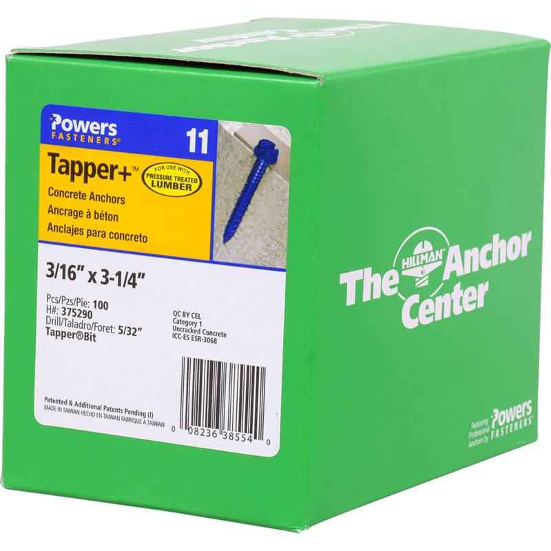 Hillman Tapper 3/16 in. D Steel Hex Head Concrete Screw Anchor 100 pk