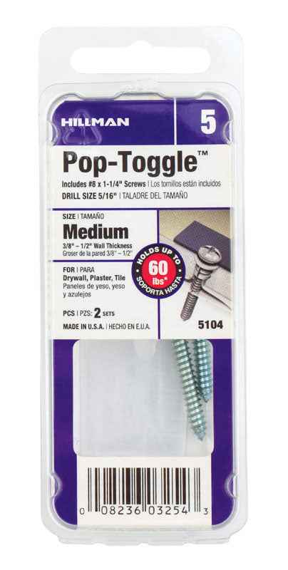 Hillman 3/8 in. Dia. x 3/8 in. Medium in. L Zinc Pan Head Pop-Toggle Anchors 2 pk (Pack of 6)
