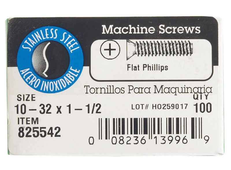 HILLMAN No. 10-32 in. X 1-1/2 in. L Phillips Flat Head Stainless Steel Machine Screws 100 pk