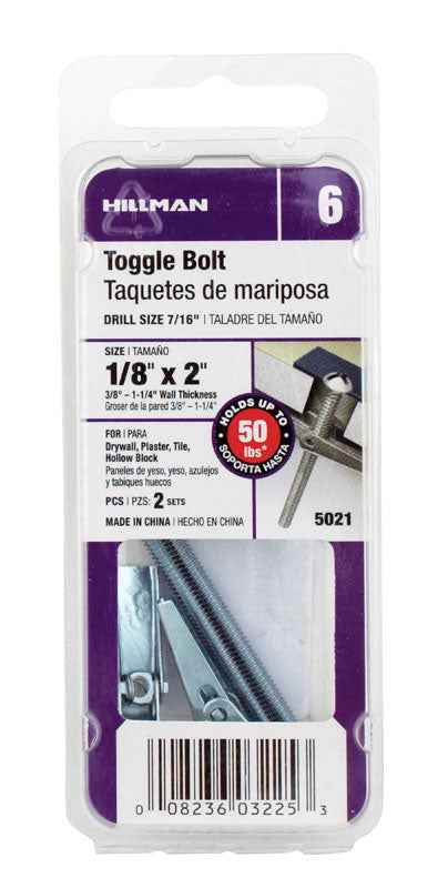Hillman 1/8 in. Dia. x 2 in. L Round Steel Toggle Bolt 2 pk (Pack of 10)