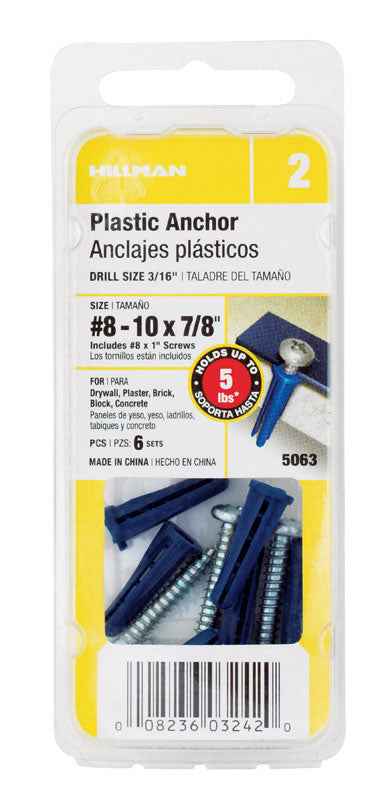 Hillman .164 in. Dia. x 7/8 in. L Plastic Pan Head Conical Anchor 6 pk (Pack of 10)
