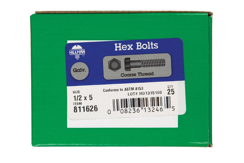 HILLMAN 1/2 in. D X 5 in. L Hot Dipped Galvanized Steel Hex Bolt 25 pk
