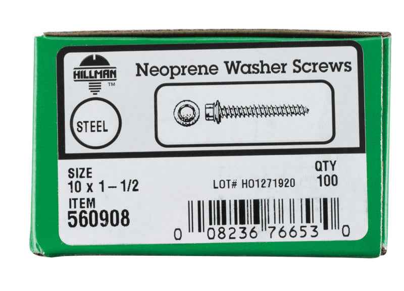 HILLMAN No. 10 Ga. X 1-1/2 in. L Hex Hex Head Screws w/Washers 100 pk
