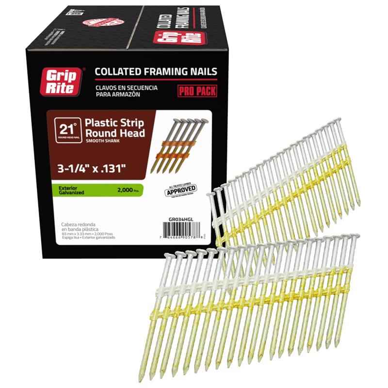 Grip-Rite 3-1/4 in. L X 10 Ga. Angled Strip Hot-Dip Galvanized Framing Nails 21 deg 2000 pk