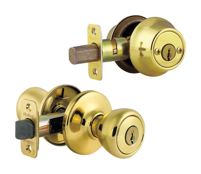 Kwikset Tylo Polished Brass Deadbolt and Entry Door Knob 1-3/4 in.