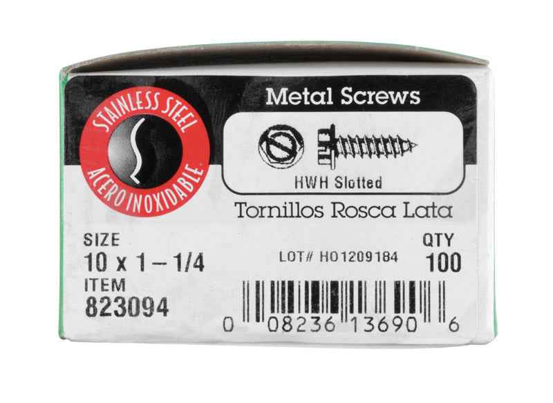 HILLMAN No. 10 Ga. X 1-1/4 in. L Slotted Hex Washer Head Sheet Metal Screws 100 pk