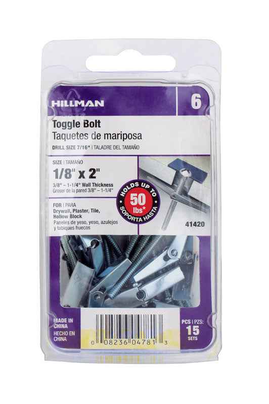 Hillman 1/8 in. Dia. x 2 in. L Round Steel Toggle Bolt 15 pk (Pack of 5)