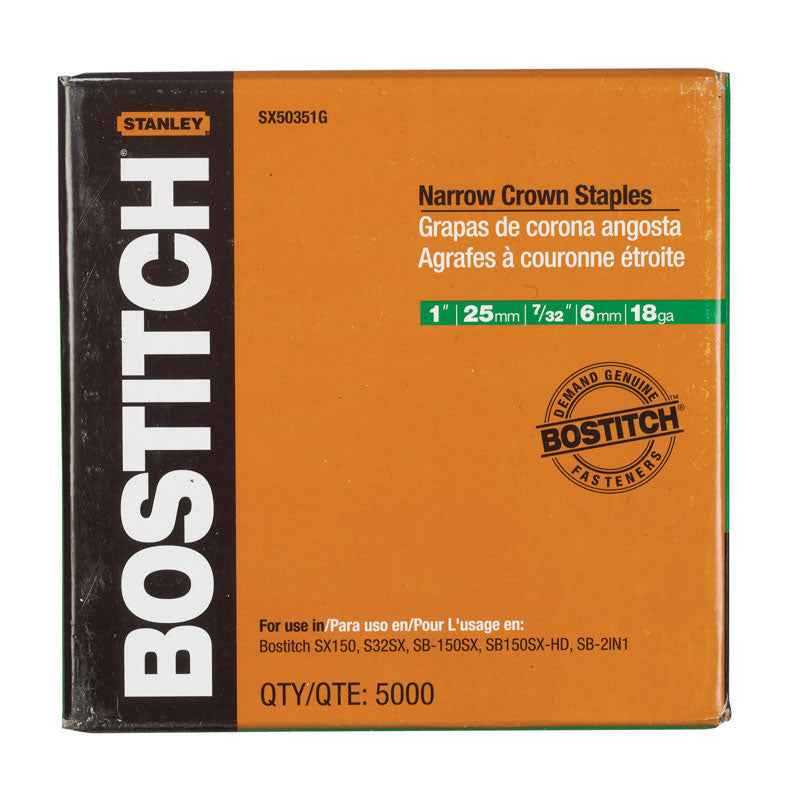Bostitch SX 7/32 in. W X 1 in. L 18 Ga. Narrow Crown Staples 5000 pk