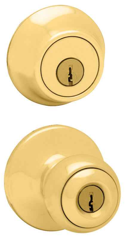 Kwikset Polo Polished Brass Deadbolt and Entry Door Knob 1-3/4 in.