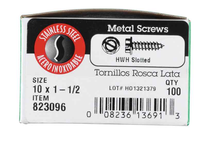 HILLMAN No. 10 Ga. X 1-1/2 in. L Slotted Hex Washer Head Sheet Metal Screws 100 pk